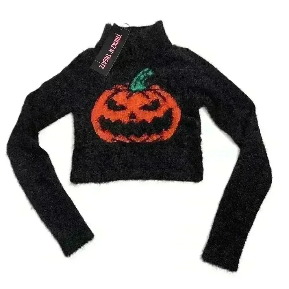 Trickz N Treatz Dolls Kill Halloween Pumpkin Fluff Goth Lantern Crop Sweater Top
